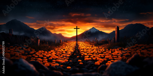 A cross stands tall in the center of a graveyard,surrounded by vibrant orange flowers, under a dramatic sunset.The surrounding mountains are silhouetted against the fiery sky, solemnity and beauty. photo