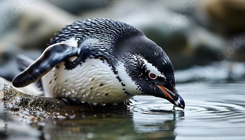 Thirsty Southern Rockhopper Penguin Quenching Its Thirst in a Close-Up View