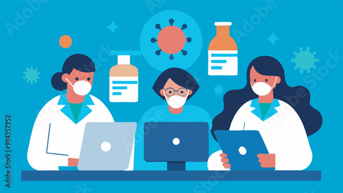 Image shows three women in lab coats and masks working collaboratively with laptops and a tablet on medical-related tasks, possibly related to coronavirus research.