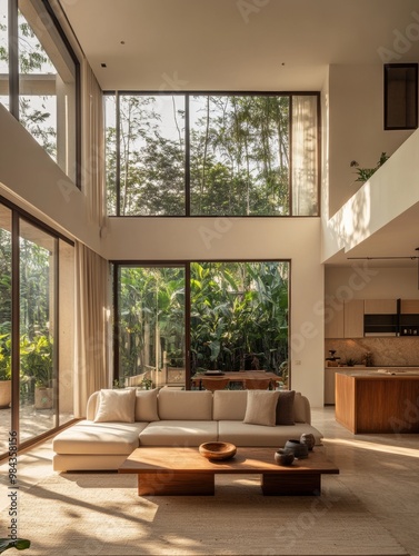 A modern living room in a double-height space with large windows. 