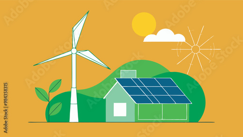 Illustration of eco-friendly house in green landscape with renewable energy features like wind turbine. Warm, vibrant scene with natural greenery and sunny weather.