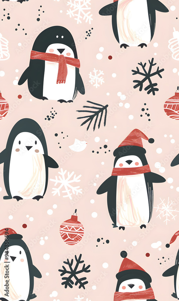 Obraz premium New Year's and Christmas festival seamless pattern in a 2D doodle illustrator style on pastel color backgrounds for graphic advertising.
