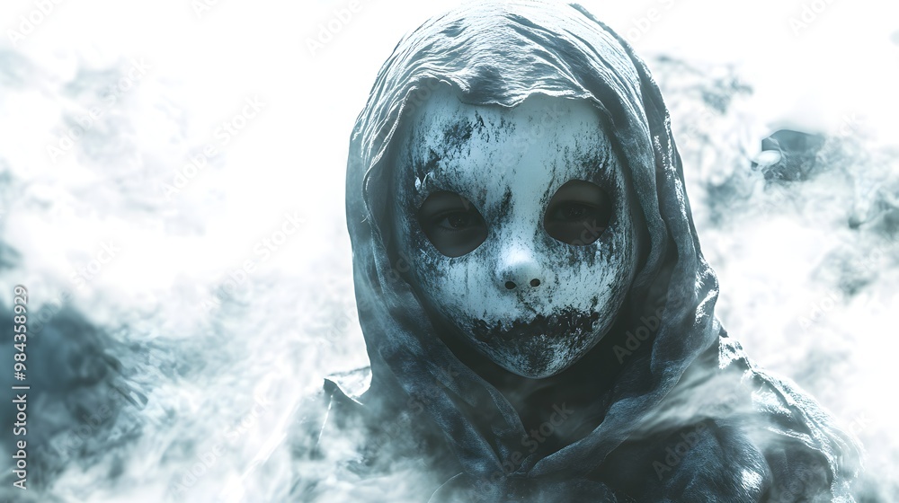 A ghostly child wearing a haunting Halloween party mask, surrounded by eerie mist, 3D rendering, soft lighting, isolated on white background A ghostly child wearing a haunting Halloween party mask, surrounded by eerie mist, 3D rendering, soft lighting, isolated on white background