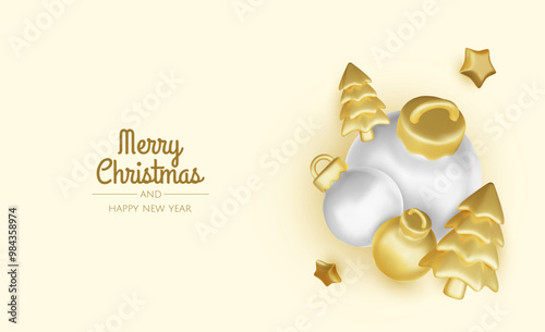 Happy New Year and Merry Christmas. Christmas holiday background with realistic 3d objects,gold and red bauble balls, conical metal stars. Levitation falling design composition.
