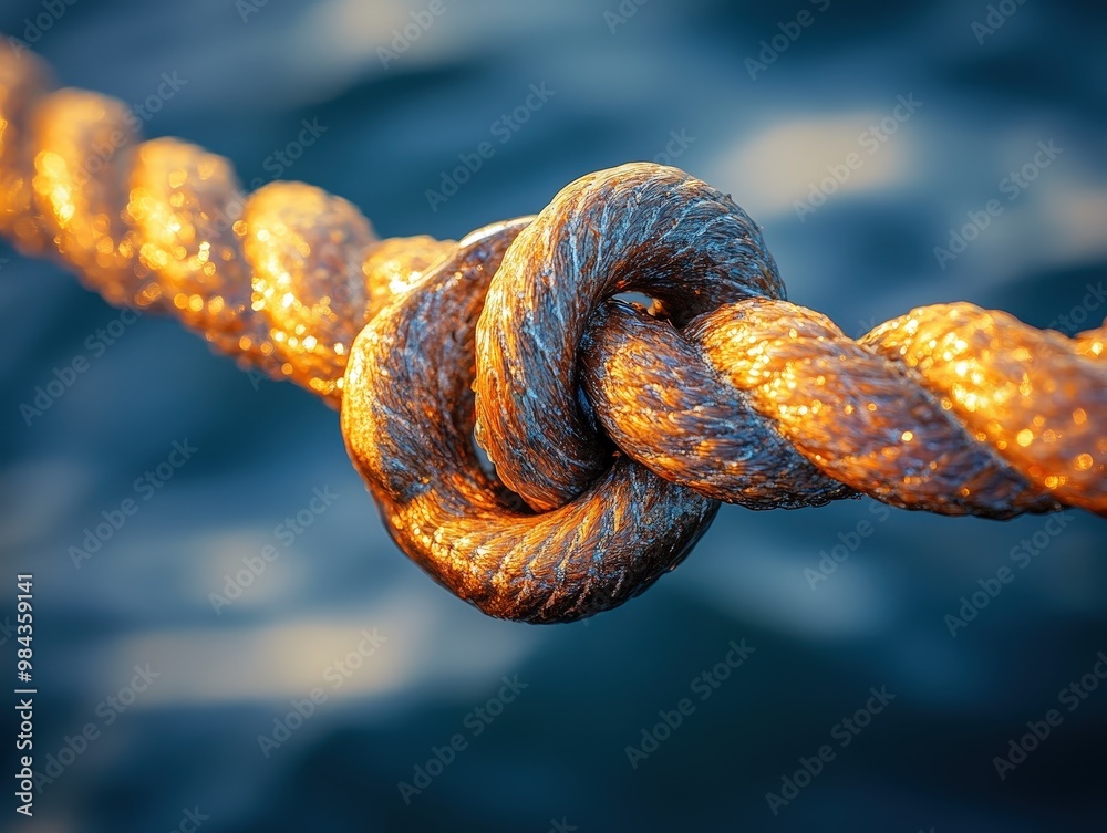 Close-up of a tightly knotted rope against a blurred background, showcasing texture and color in nautical setting. Close-up of a tightly knotted rope against a blurred background, showcasing texture and color in nautical setting.