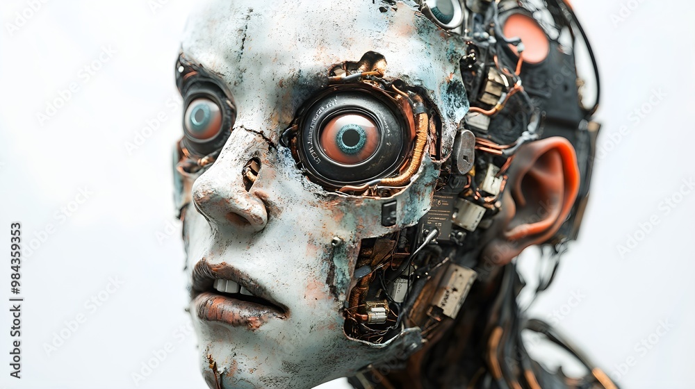 A grotesque cyborg zombie with exposed tech components, covered in Halloween party masks, cyberpunk horror style, isolated on white background