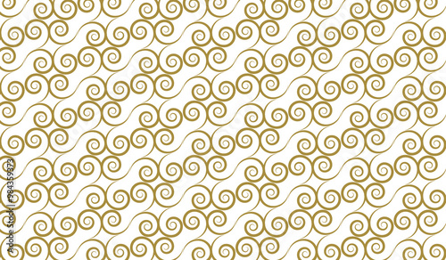 Golden geometric spiral pattern on white background. Seamless pattern for background, fabric, wallpaper. Vector illustration.