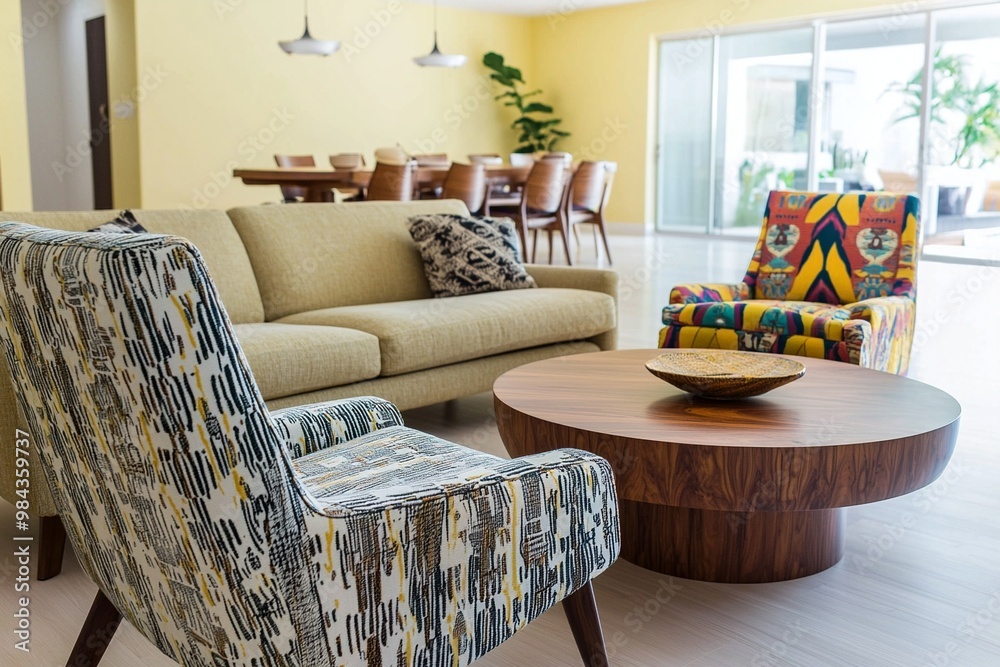 Fototapeta premium Minimalist Century Modern interior photo of a small apartment with a yellow wall and sofa and a hardwood table with an armchair, living room and kitchen view. Generative AI 