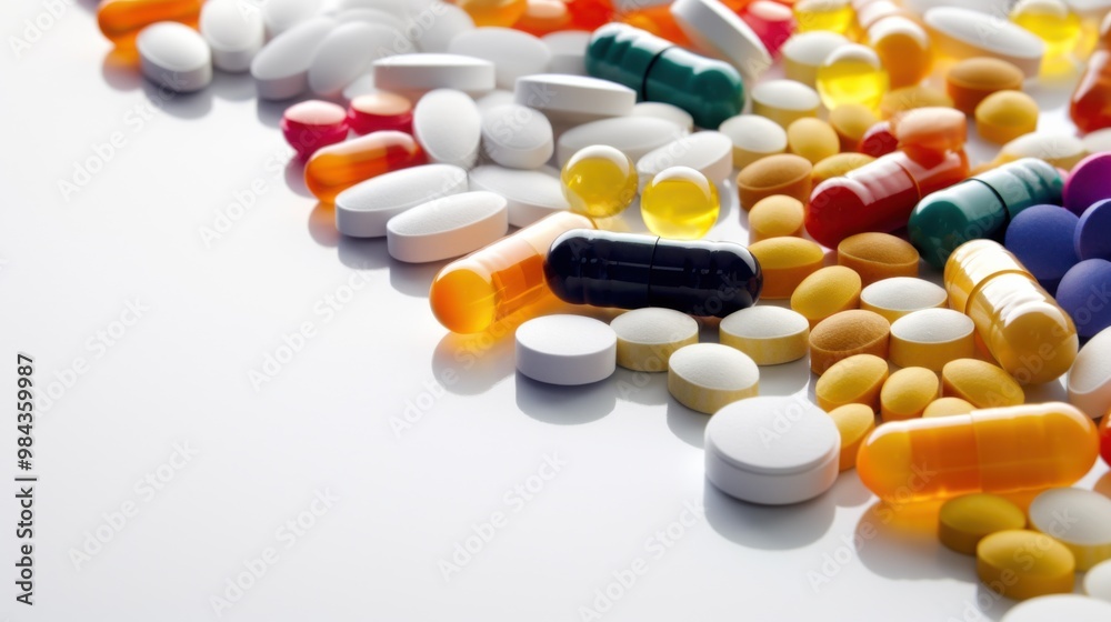 An assortment of various pills and capsules spread out meticulously on a white surface, showcasing a mix of colors, shapes, and sizes. An assortment of various pills and capsules spread out meticulously on a white surface, showcasing a mix of colors, shapes, and sizes.