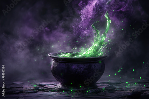 Witch's potion cauldron in an ominous haze photo