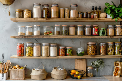Wallpaper Mural A well-organized, rustic kitchen pantry with wooden shelves filled with various jars and containers Torontodigital.ca