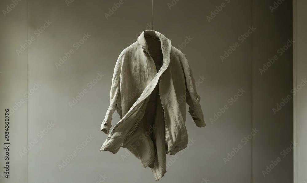 A beige shirt hangs against a light wall. A beige shirt hangs against a light wall.