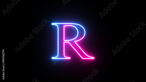Glowing neon capital letter alphabet R. Purple and blue neon font letter 