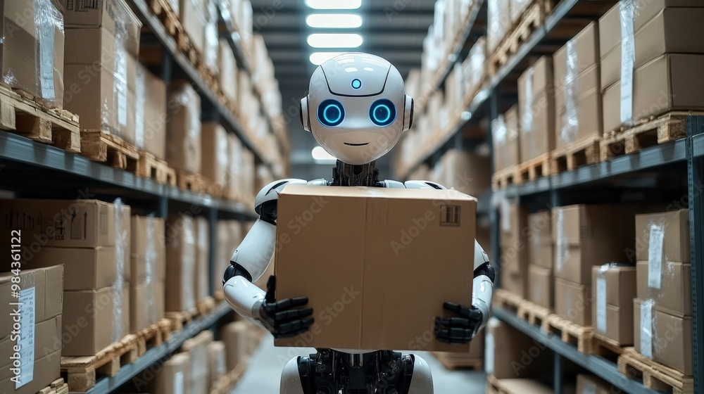 Fototapeta premium Humanoid robot working in a futuristic warehouse carrying boxes