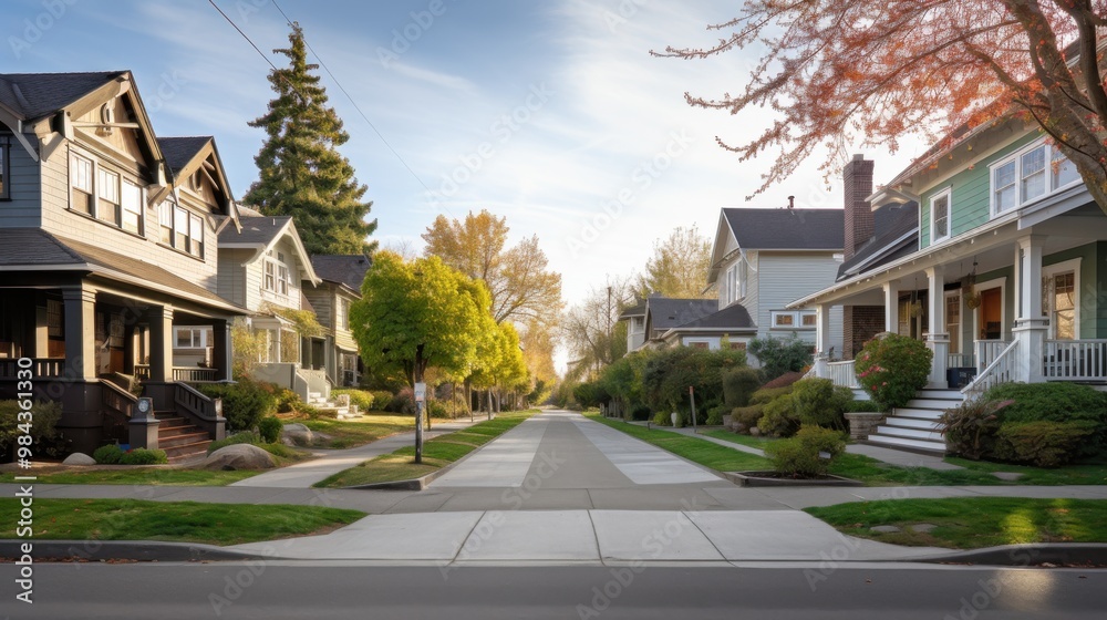 Fototapeta premium A tranquil suburban street lined with charming houses and lush trees under a clear blue sky, evoking a sense of peaceful community living.