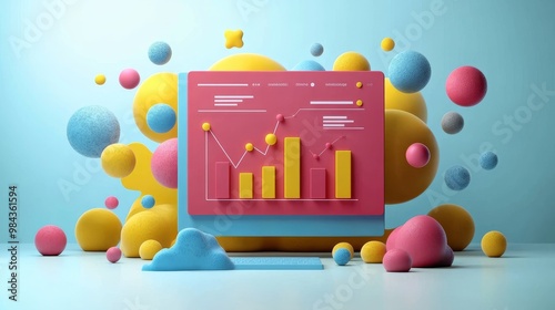 A 3D browser window with business growth data points floating in space, symbolizing unlimited business potential, cute icon style on clean background