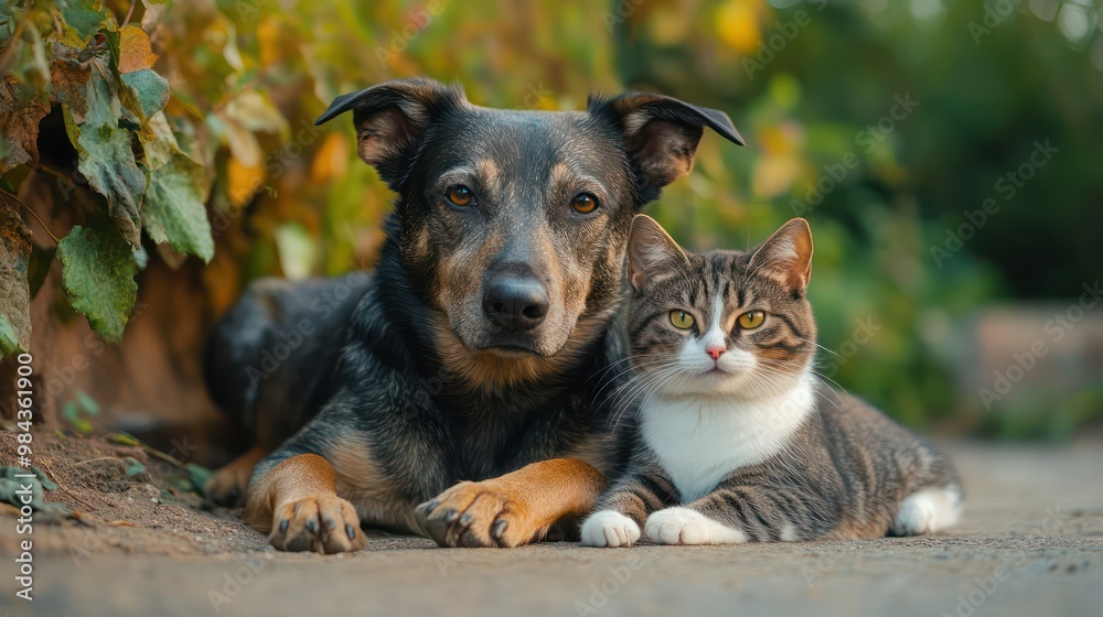 A heartwarming scene of a dog and cat together, sitting peacefully side by side, showcasing their strong bond. A heartwarming scene of a dog and cat together, sitting peacefully side by side, showcasing their strong bond.