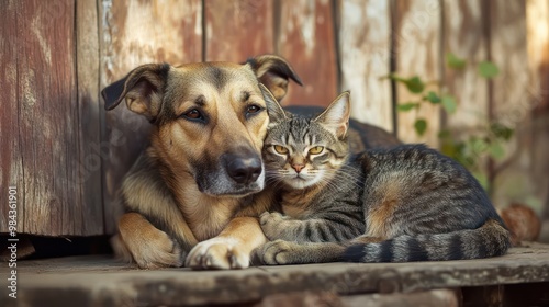 A heartwarming scene of a dog and cat together, sitting peacefully side by side, showcasing their strong bond.