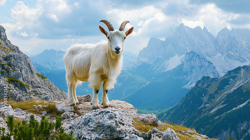 a billy goat in the alps on a mountain photo