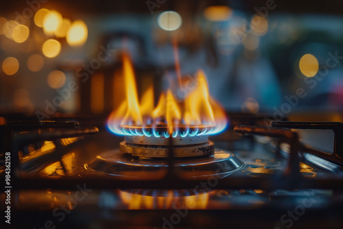 Wallpaper Mural Flames rising from a gas burner on a kitchen stove, with warm ambient lighting and a blurry background. Torontodigital.ca