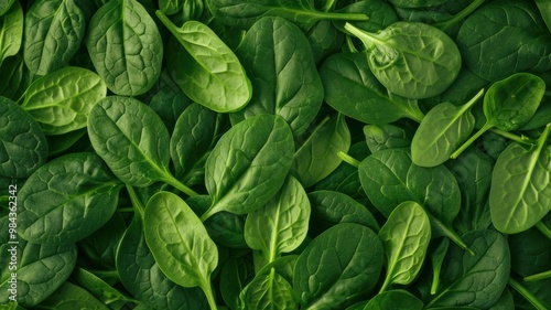 Fresh spinach leaves arranged closely, showcasing vibrant green colors and smooth textures, perfect for salads and healthy dishes.