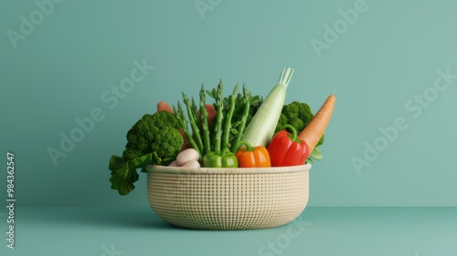 A vibrant assortment of fresh vegetables arranged in a woven basket against a teal background, highlighting health and nutrition.