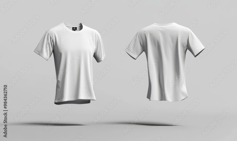 Two blank white t-shirts on a gray background. Two blank white t-shirts on a gray background.