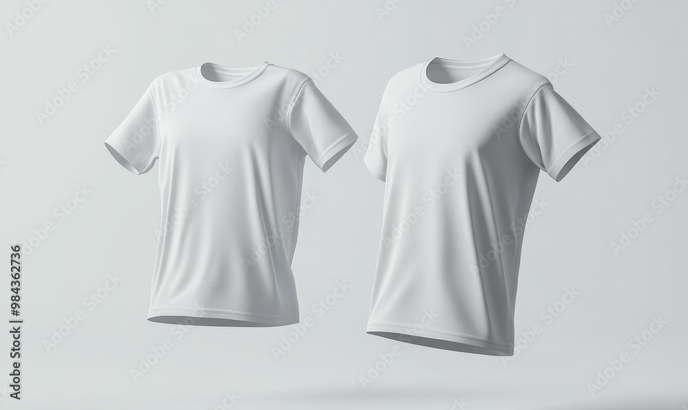 Two plain white t-shirts on a white background. Two plain white t-shirts on a white background.