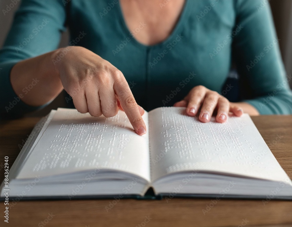Primer plano de una mujer ciega leyendo un libro en braille; centrado en sus manos y el texto. Primer plano de una mujer ciega leyendo un libro en braille; centrado en sus manos y el texto.