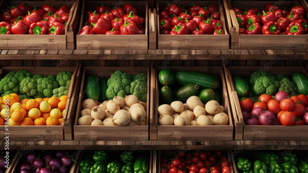 A colorful display of fresh vegetables and fruits arranged in wooden crates, highlighting variety and freshness in a market setting. A colorful display of fresh vegetables and fruits arranged in wooden crates, highlighting variety and freshness in a market setting.