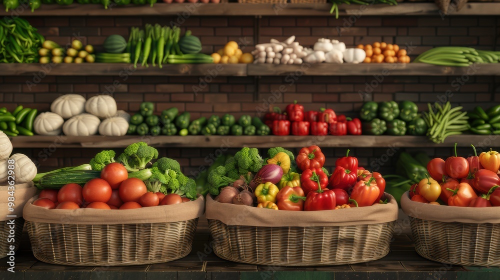 A vibrant display of fresh vegetables and fruits arranged in baskets against a rustic backdrop, showcasing a variety of colors and textures. A vibrant display of fresh vegetables and fruits arranged in baskets against a rustic backdrop, showcasing a variety of colors and textures.