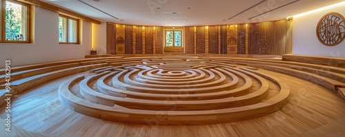 A wooden labyrinth in a spiritual retreat center, each turn and straightaway meticulously designed to encourage meditation and introspection photo