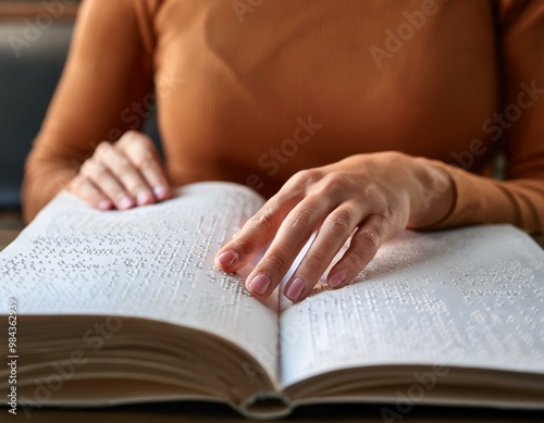 Primer plano de una mujer ciega leyendo un libro en braille; centrado en sus manos y el texto.