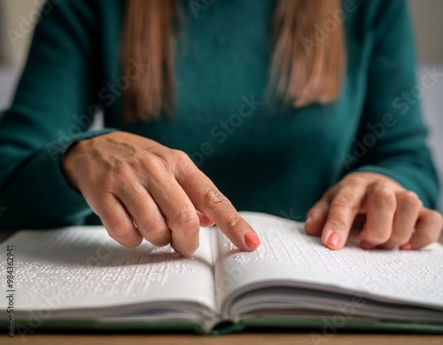 Primer plano de una mujer ciega leyendo un libro en braille; centrado en sus manos y el texto. photo