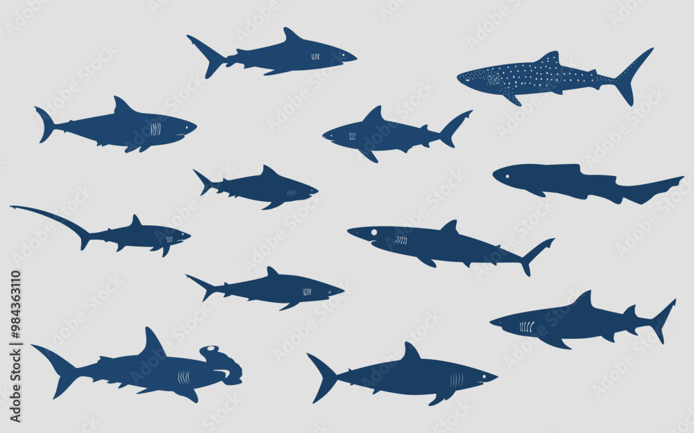 Obraz premium Collection of Blue flat shark icons. Dangerous sharks. Vector on a gray background