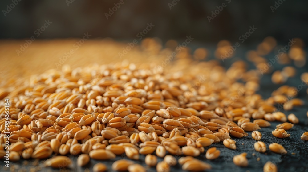 Obraz premium A close-up view of scattered golden grains on a dark surface, highlighting their texture and natural color.
