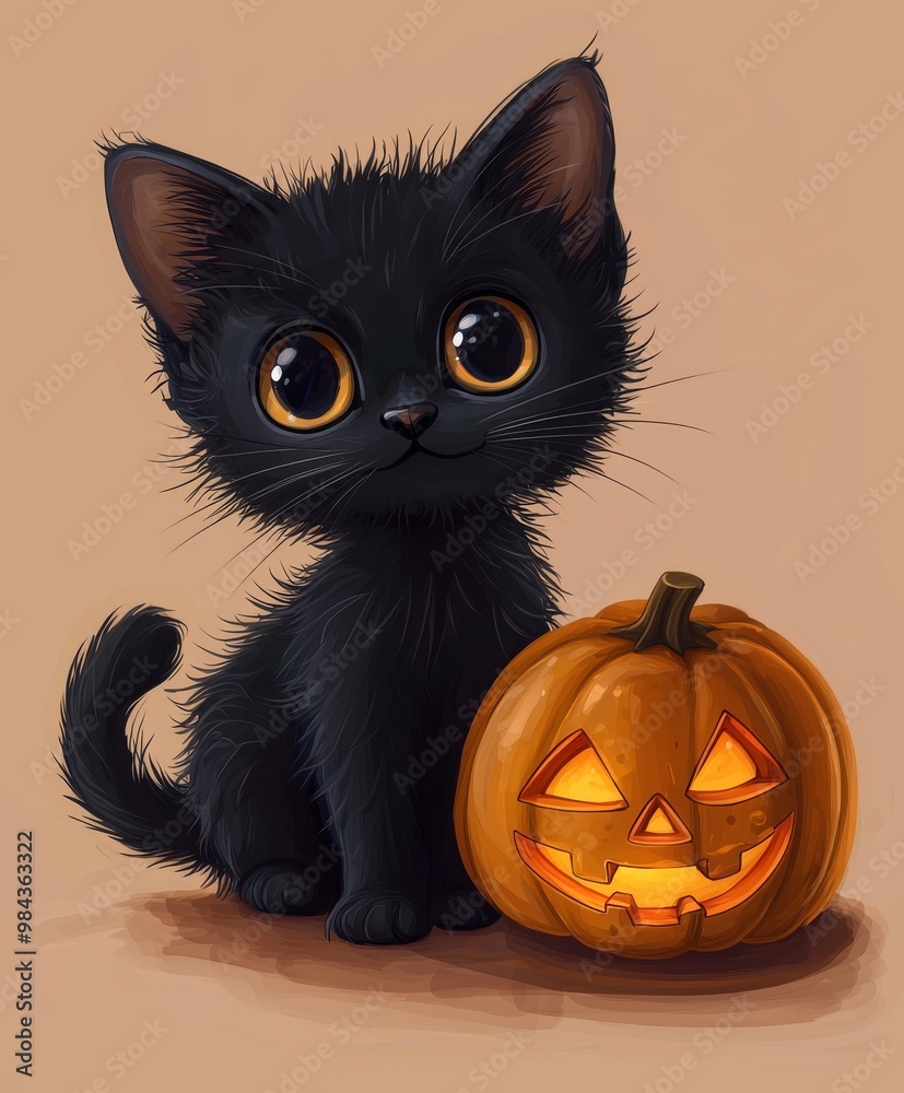 Cute Black Cat with Halloween Pumpkin Cute Black Cat with Halloween Pumpkin