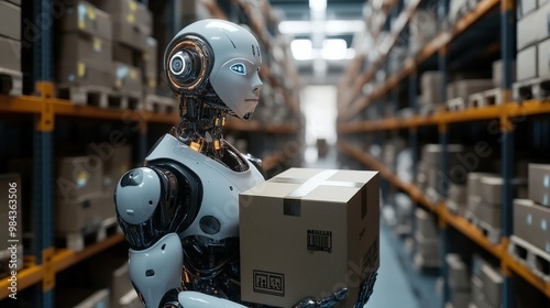 Humanoid robot working in a futuristic warehouse carrying boxes