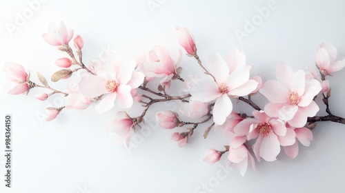 A close-up view of pink magnolia blossoms on a white background, capturing the delicate beauty and intricate details of these stunning flowers in full bloom.