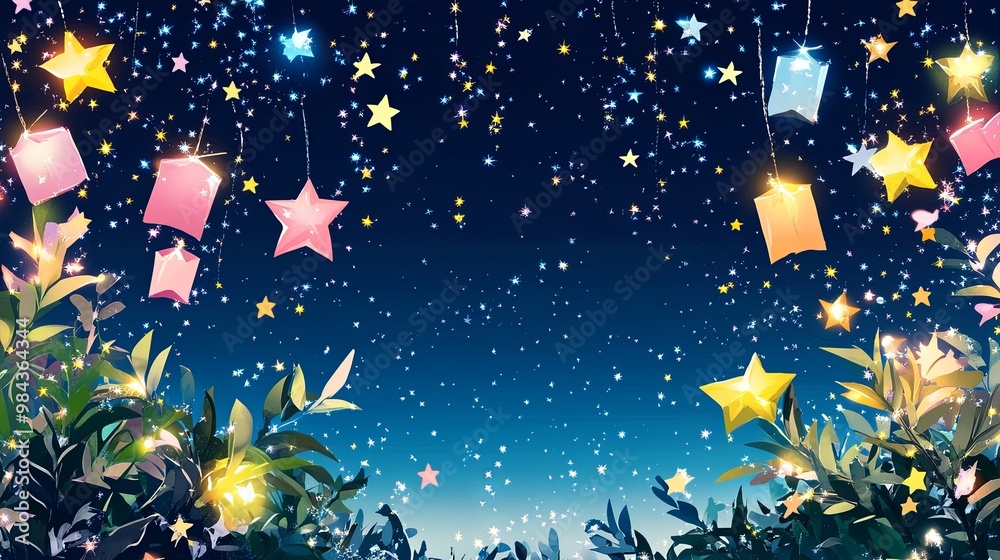 Fototapeta premium A vibrant Tanabata festival scene with colorful paper decorations swaying gently under a starlit night sky, capturing the festive atmosphere and the traditional celebration of wishes.