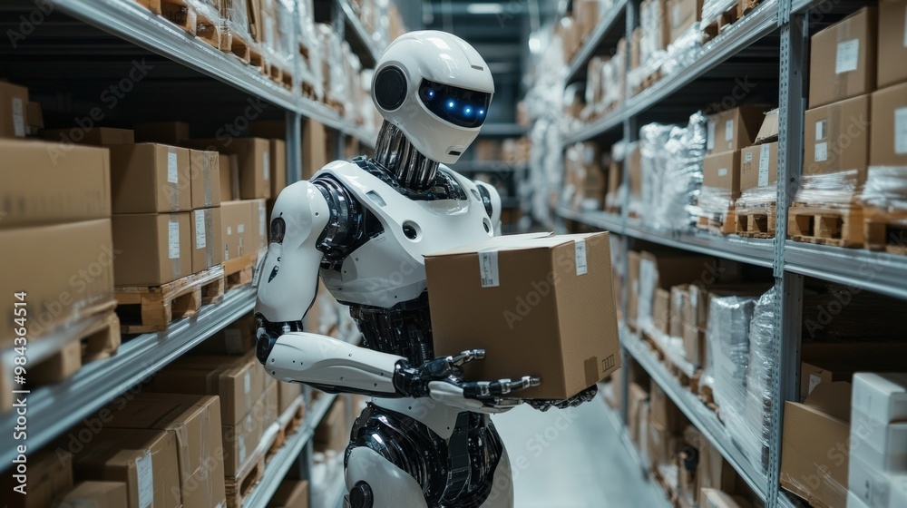 Humanoid robot working in a futuristic warehouse carrying boxes