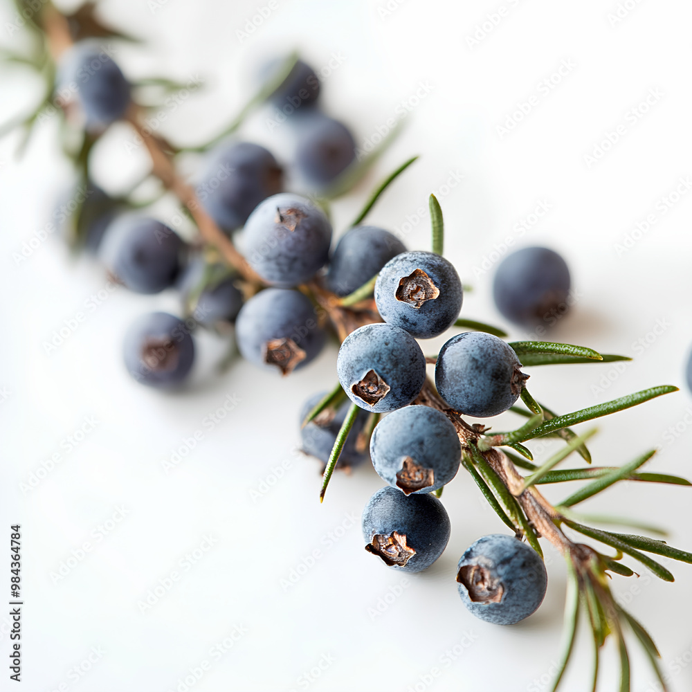 Close-up of ripe juniper berries on a branch with sharp focus and clean white backdrop
Close-up of ripe juniper berries on a branch with sharp focus and clean white backdrop