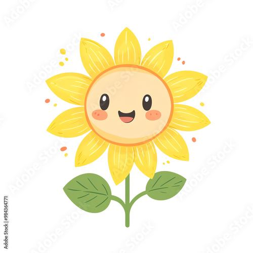 Cheerful cartoon sunflower with a happy face and bright yellow petals.