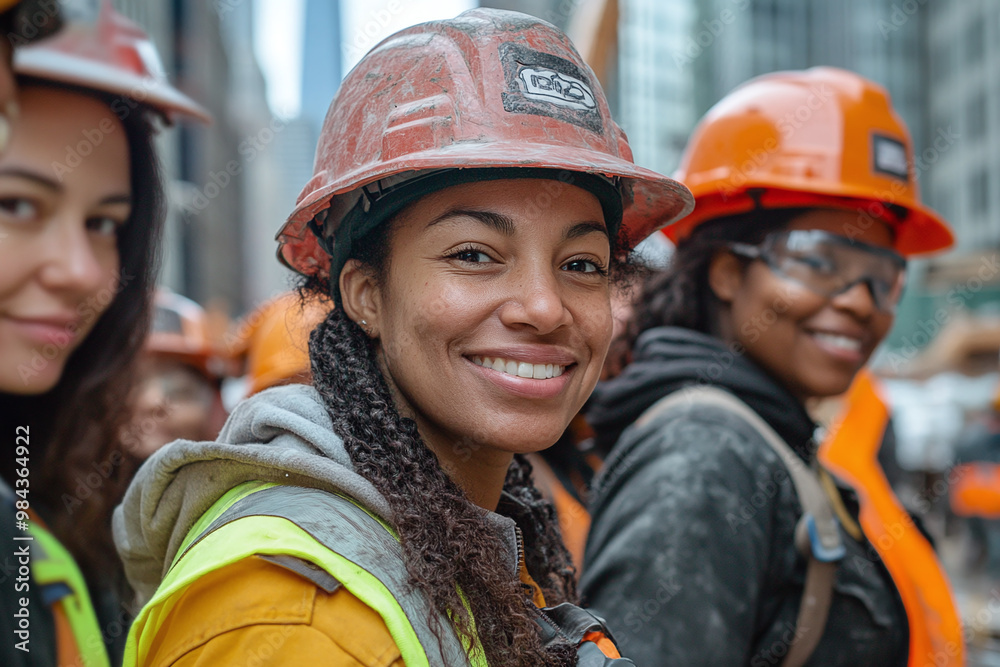Smiling portrait of a diverse happy female group of women working construction on a construction site Smiling portrait of a diverse happy female group of women working construction on a construction site