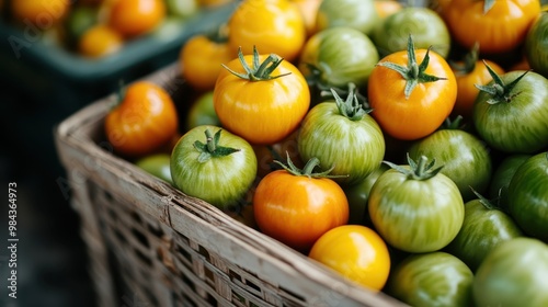 A collection of tomatoes in green, yellow, and orange, stored in wooden baskets. The image signifies diversity, freshness, and the richness of seasonal farm produce. photo