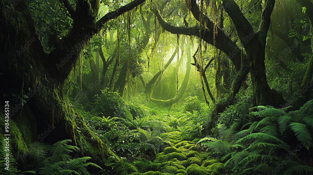 Fototapeta premium A dense, lush jungle with a path leading through the thick foliage. The sun peeks through the canopy, casting a warm glow on the mossy ground.