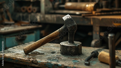 Metal planishing hammer in workshop photo