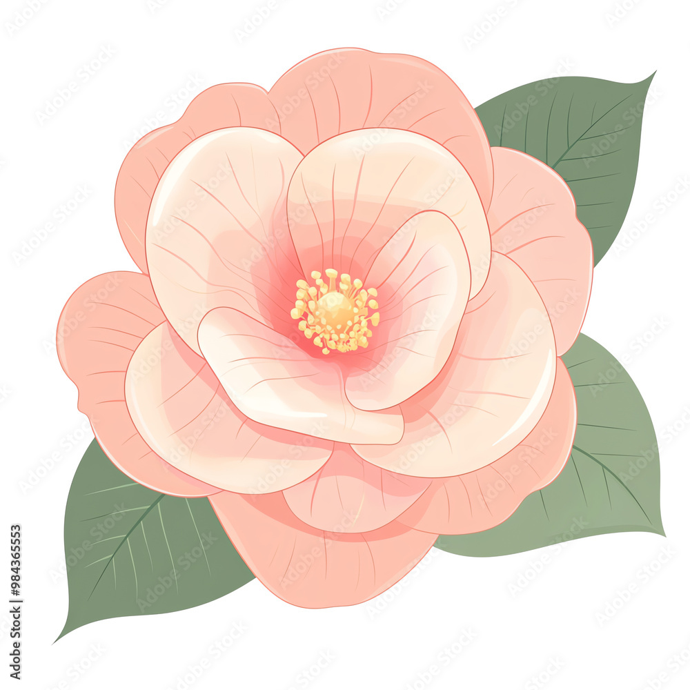 Beautiful pink camellia flower with green leaves, white isolate background. Beautiful pink camellia flower with green leaves, white isolate background.