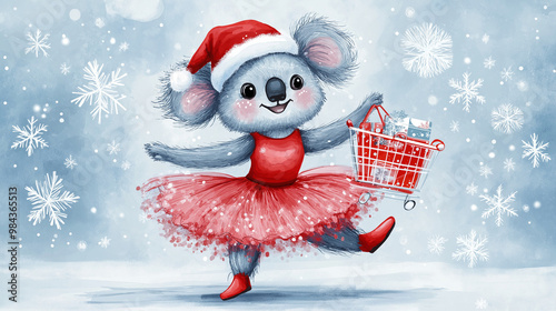 A festive koala in a Santa hat and ballet tutu joyfully shopping with a cart, surrounded by snowflakes. Perfect for holiday themes. photo