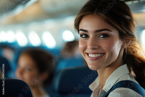 Happy stewardess girl sits fastened with seat belt in airplane seat